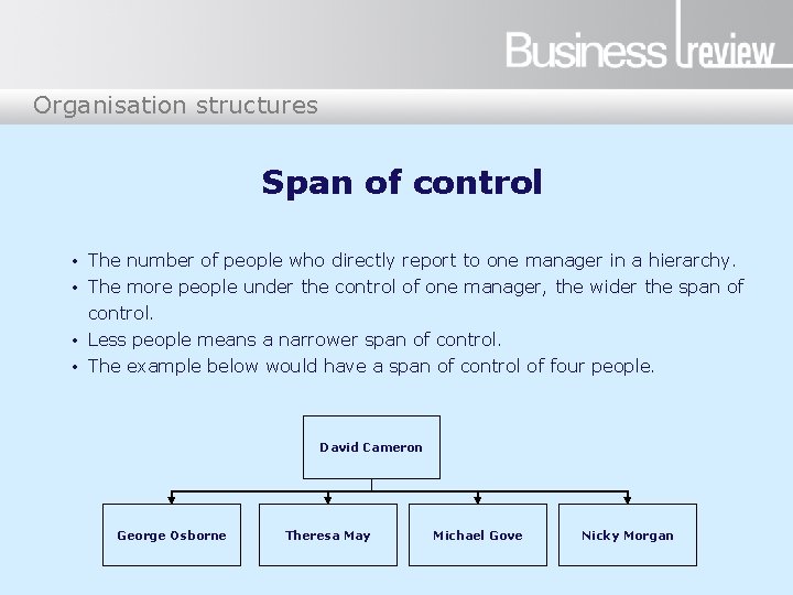 Organisation structures Span of control • The number of people who directly report to