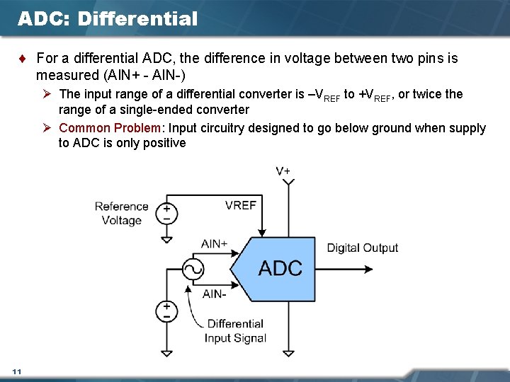 ADC: Differential ¨ For a differential ADC, the difference in voltage between two pins