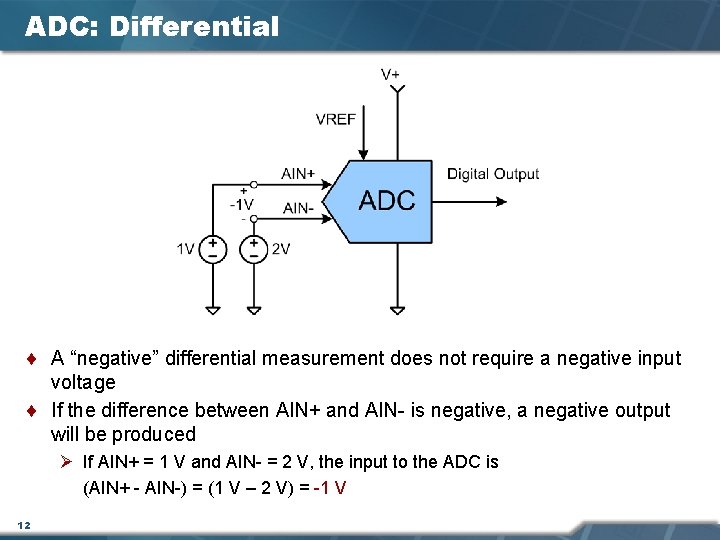 ADC: Differential ¨ A “negative” differential measurement does not require a negative input voltage