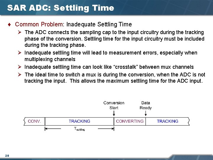 SAR ADC: Settling Time ¨ Common Problem: Inadequate Settling Time Ø The ADC connects