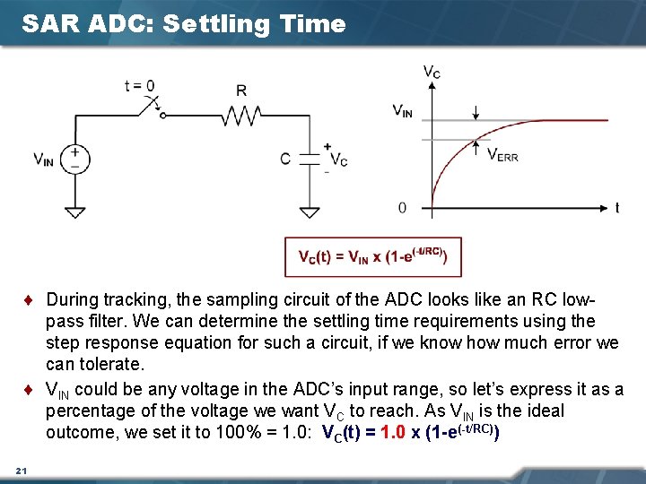 SAR ADC: Settling Time ¨ During tracking, the sampling circuit of the ADC looks