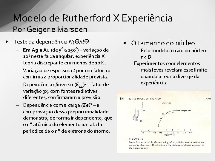 Modelo de Rutherford X Experiência Por Geiger e Marsden • Teste da dependência N(ϴ)dϴ Modelo de Rutherford X Experiência Por Geiger e Marsden • Teste da dependência N(ϴ)dϴ