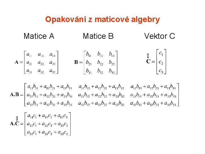 Opakování z maticové algebry Matice A Matice B Vektor C 