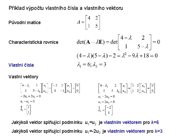 Příklad výpočtu vlastního čísla a vlastního vektoru Původní matice Characteristická rovnice Vlastní čísla Vastní