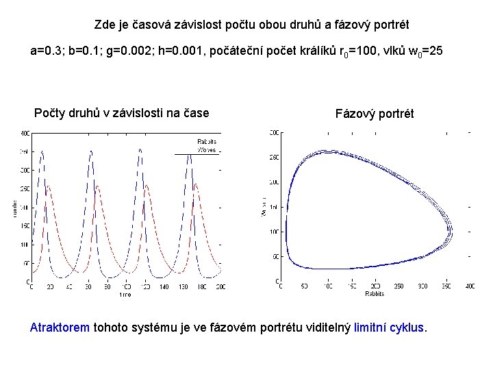 Zde je časová závislost počtu obou druhů a fázový portrét a=0. 3; b=0. 1;