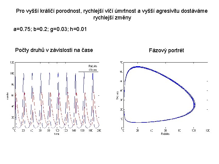 Pro vyšší králičí porodnost, rychlejší vlčí úmrtnost a vyšší agresivitu dostáváme rychlejší změny a=0.