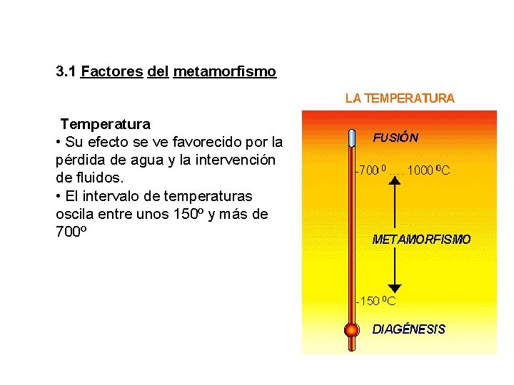3. 1 Factores del metamorfismo Temperatura • Su efecto se ve favorecido por la