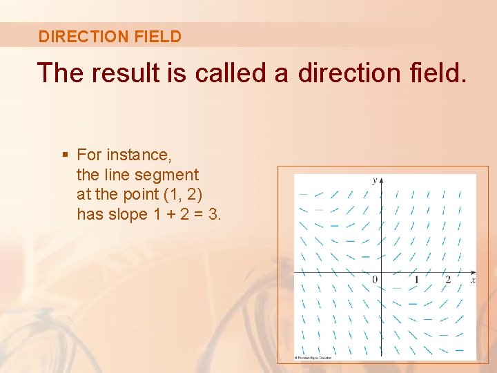 DIRECTION FIELD The result is called a direction field. § For instance, the line