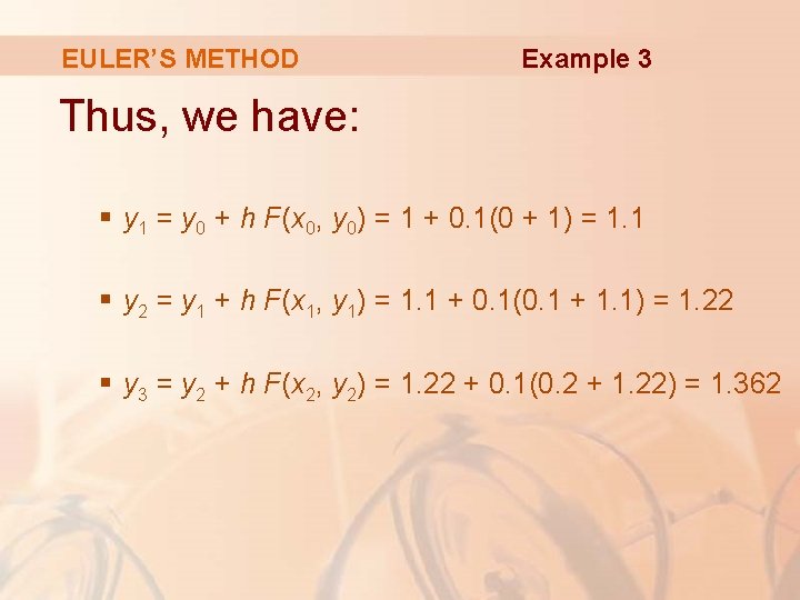 EULER’S METHOD Example 3 Thus, we have: § y 1 = y 0 +