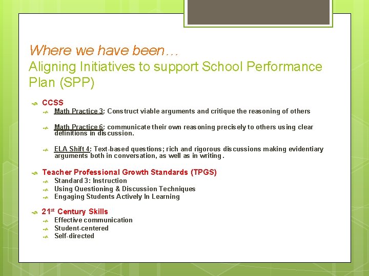 Where we have been… Aligning Initiatives to support School Performance Plan (SPP) CCSS Math