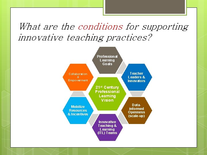 What are the conditions for supporting innovative teaching practices? Professional Learning Goals Teacher Leaders