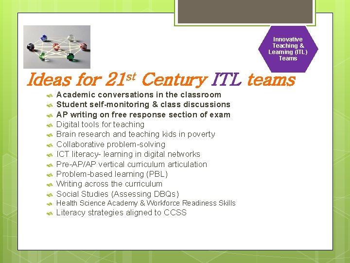 Innovative Teaching & Learning (ITL) Teams Ideas for 21 st Century ITL teams Academic