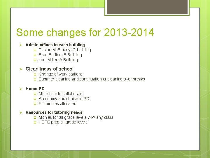 Some changes for 2013 -2014 Ø Admin offices in each building q Tristan Mc.