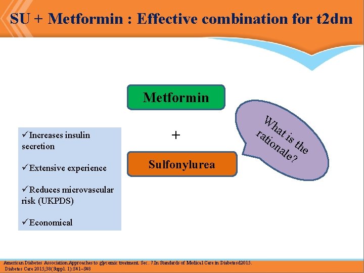 SU + Metformin : Effective combination for t 2 dm Metformin üIncreases insulin secretion SU + Metformin : Effective combination for t 2 dm Metformin üIncreases insulin secretion