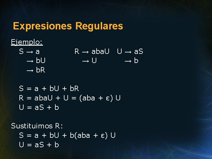 Expresiones Regulares Ejemplo: S→a → b. U → b. R R → aba. U