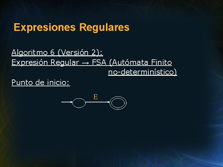 Expresiones Regulares Algoritmo 6 (Versión 2): Expresión Regular → FSA (Autómata Finito no-determinístico) Punto