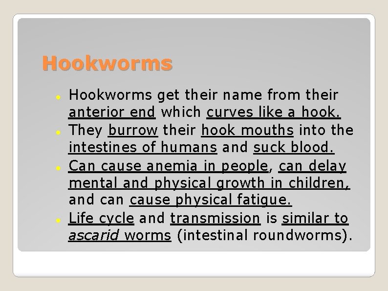 Hookworms Hookworms get their name from their anterior end which curves like a hook.