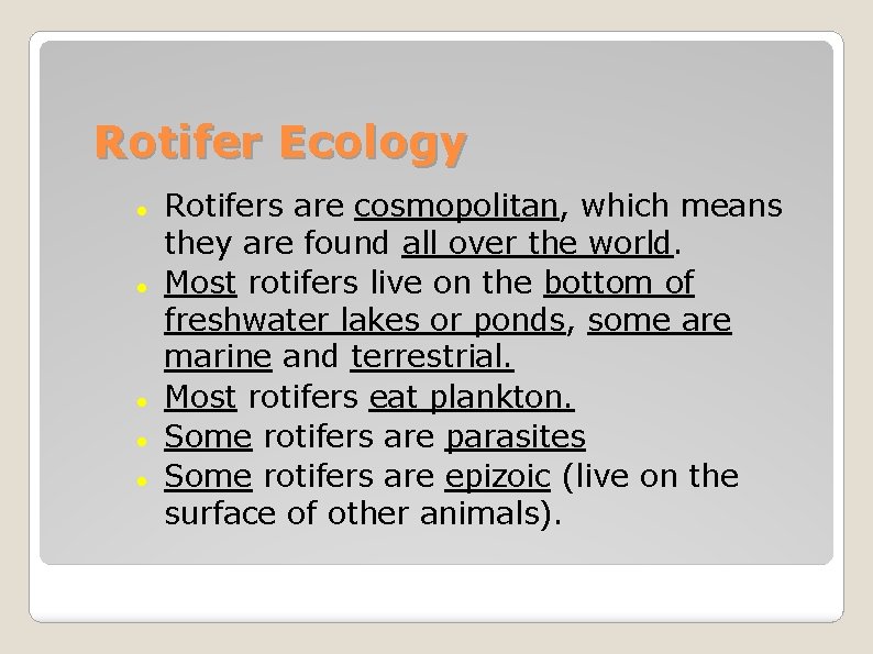 Rotifer Ecology Rotifers are cosmopolitan, which means they are found all over the world.