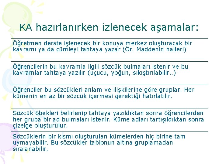 KA hazırlanırken izlenecek aşamalar: Öğretmen derste işlenecek bir konuya merkez oluşturacak bir kavramı ya