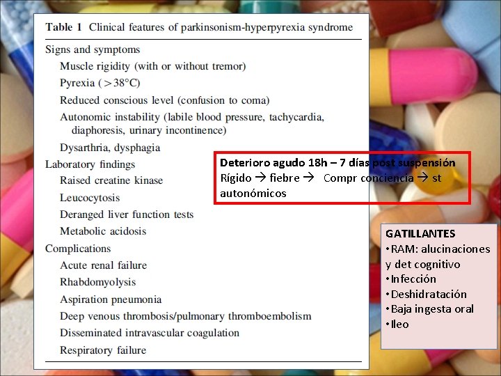 Deterioro agudo 18 h – 7 días post suspensión Rígido fiebre Compr conciencia st
