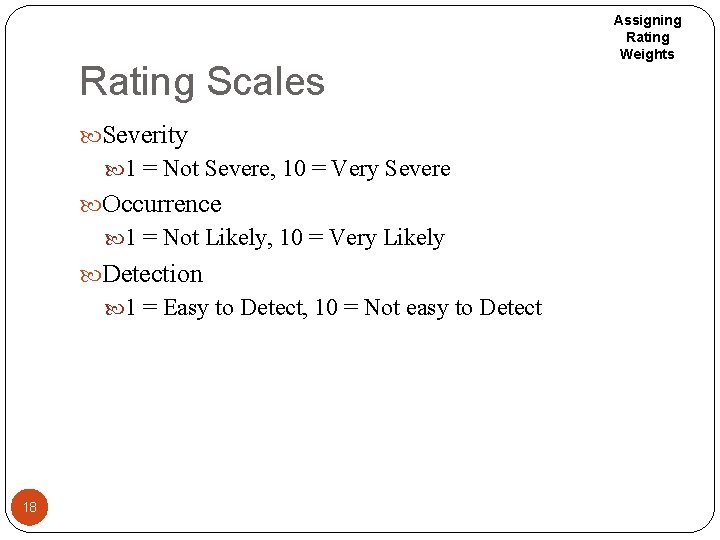 Rating Scales Severity 1 = Not Severe, 10 = Very Severe Occurrence 1 =