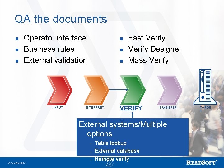 QA the documents n n n Operator interface Business rules External validation INPUT n