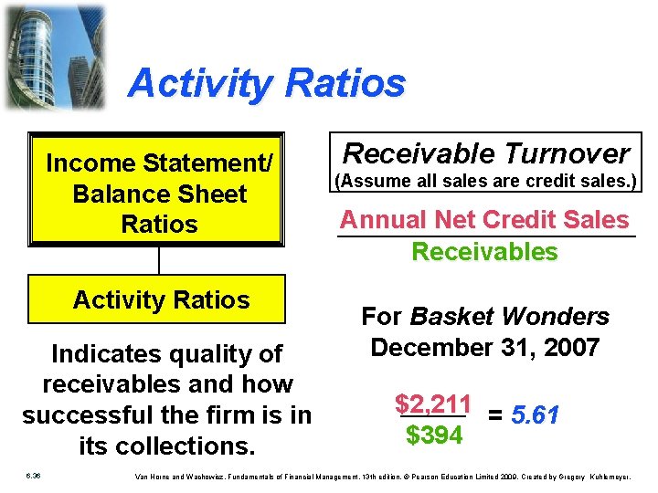 Activity Ratios Income Statement/ Balance Sheet Ratios Activity Ratios Indicates quality of receivables and