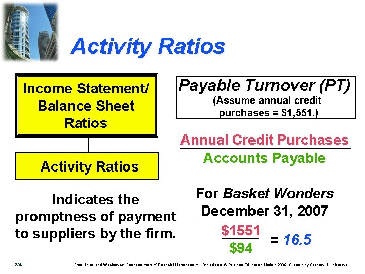 Activity Ratios Income Statement/ Balance Sheet Ratios Activity Ratios Indicates the promptness of payment