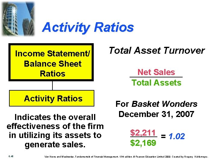 Activity Ratios Income Statement/ Balance Sheet Ratios Activity Ratios Indicates the overall effectiveness of