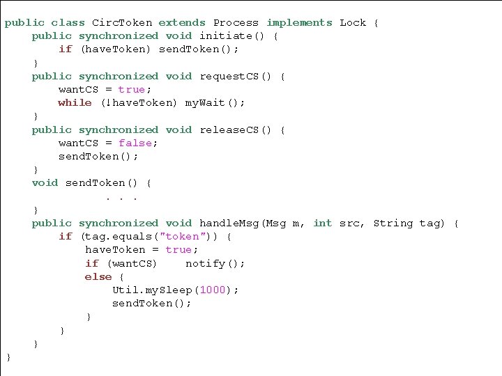 public class Circ. Token extends Process implements Lock { public synchronized void initiate() {