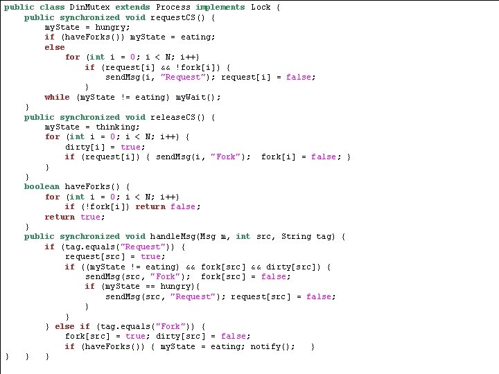 public class Din. Mutex extends Process implements Lock { public synchronized void request. CS()