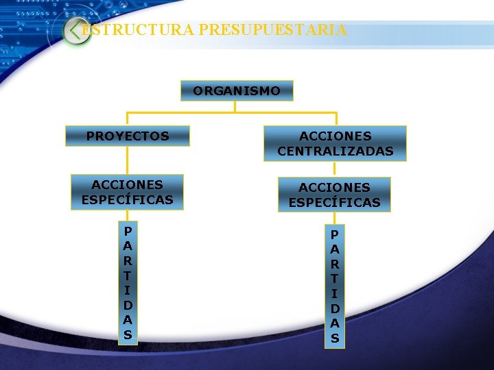 ESTRUCTURA PRESUPUESTARIA ORGANISMO PROYECTOS ACCIONES CENTRALIZADAS ACCIONES ESPECÍFICAS P A R T I D