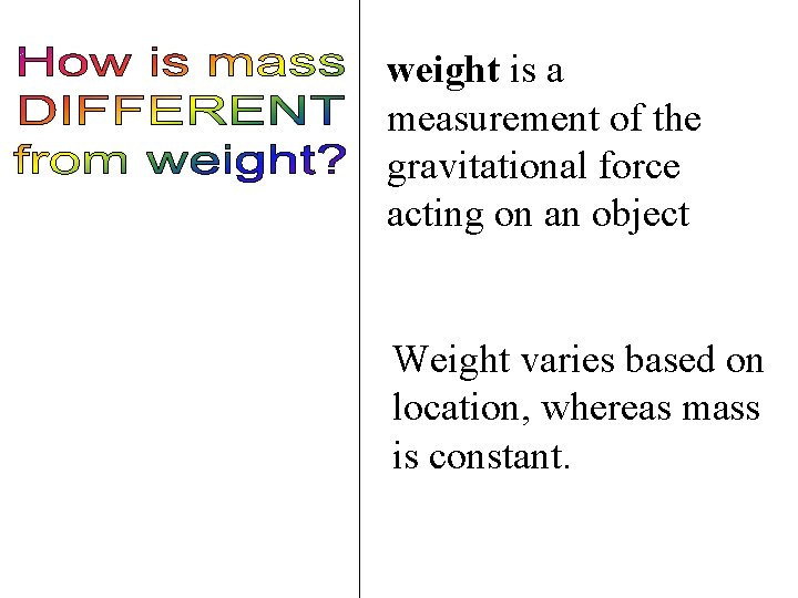weight is a measurement of the gravitational force acting on an object Weight varies