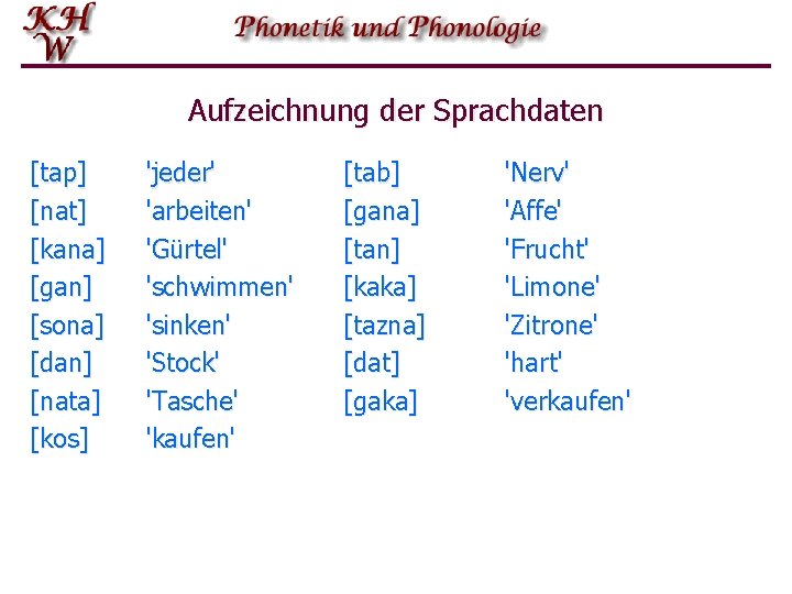 Aufzeichnung der Sprachdaten [tap] [nat] [kana] [gan] [sona] [dan] [nata] [kos] 'jeder' 'arbeiten' 'Gürtel'