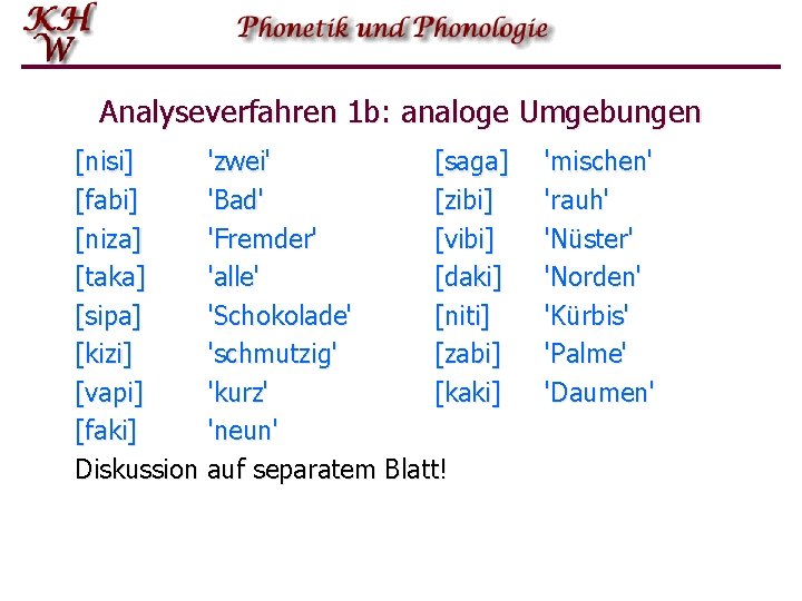 Analyseverfahren 1 b: analoge Umgebungen [nisi] 'zwei' [saga] [fabi] 'Bad' [zibi] [niza] 'Fremder' [vibi]