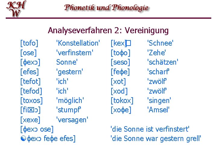 Analyseverfahren 2: Vereinigung [tofo] 'Konstellation' [ose] 'verfinstern' [ɸexɔ] Sonne' [efes] 'gestern' [tefot] 'ich' [tefod]