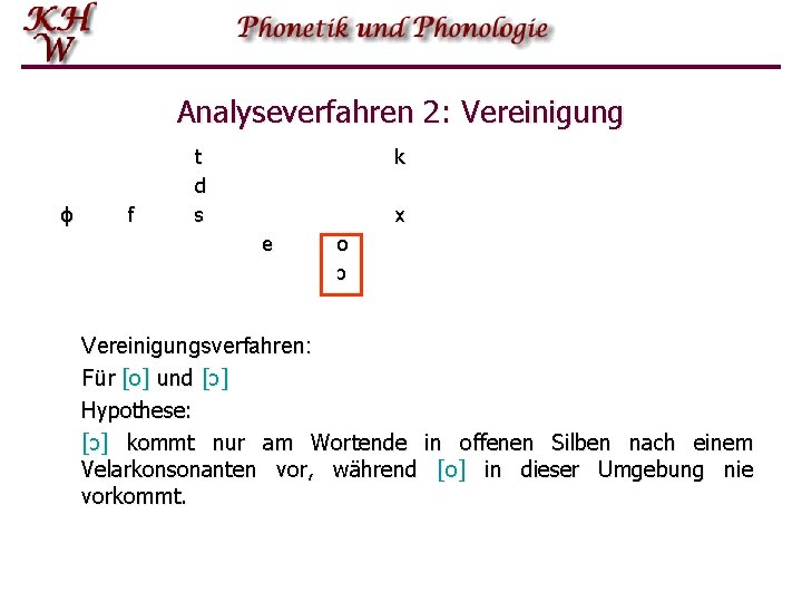 Analyseverfahren 2: Vereinigung ɸ f t d s k x e o ɔ Vereinigungsverfahren: