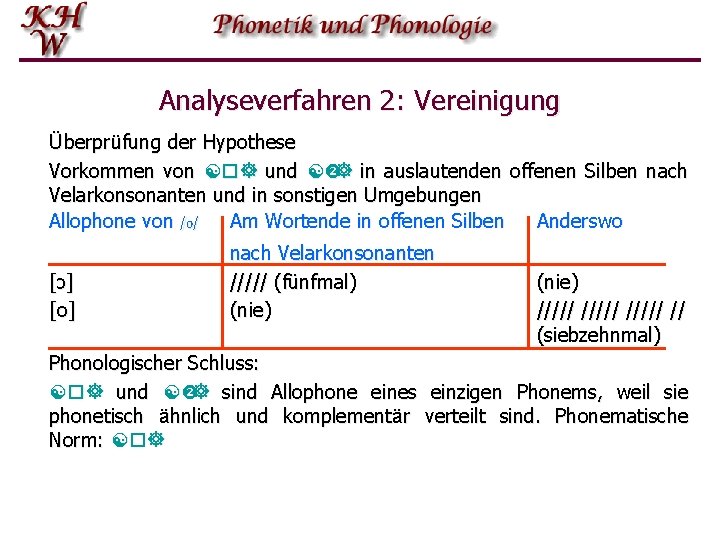 Analyseverfahren 2: Vereinigung Überprüfung der Hypothese Vorkommen von [o] und [ ] in auslautenden