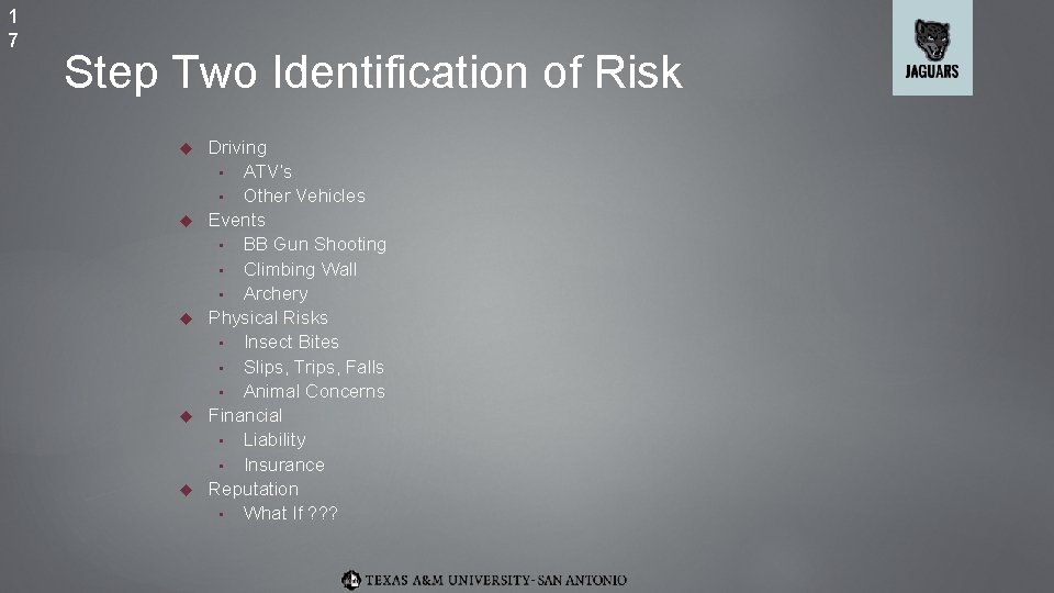 1 7 Step Two Identification of Risk Driving • ATV’s • Other Vehicles Events