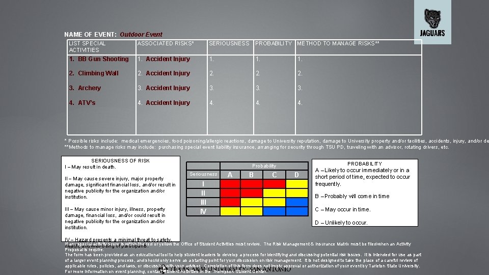 NAME OF EVENT: Outdoor Event LIST SPECIAL ACTIVITIES ASSOCIATED RISKS* SERIOUSNESS PROBABILITY METHOD TO