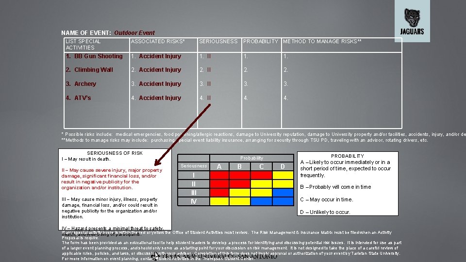 NAME OF EVENT: Outdoor Event LIST SPECIAL ACTIVITIES ASSOCIATED RISKS* SERIOUSNESS PROBABILITY METHOD TO