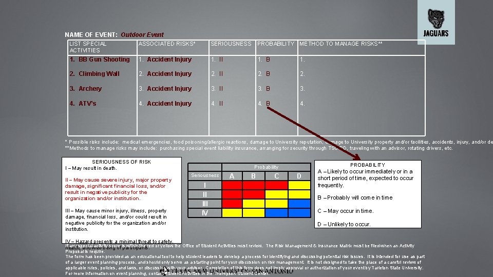 NAME OF EVENT: Outdoor Event LIST SPECIAL ACTIVITIES ASSOCIATED RISKS* SERIOUSNESS PROBABILITY METHOD TO