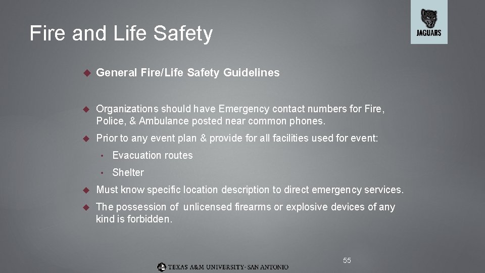 Fire and Life Safety General Fire/Life Safety Guidelines Organizations should have Emergency contact numbers