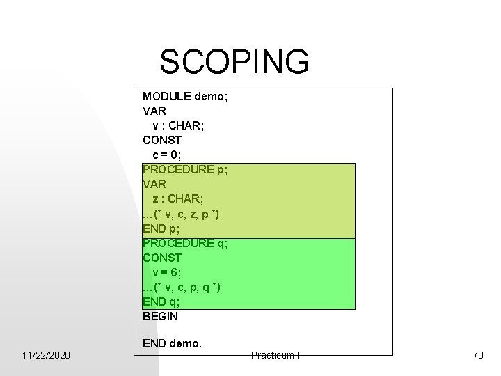 SCOPING MODULE demo; VAR v : CHAR; CONST c = 0; PROCEDURE p; VAR