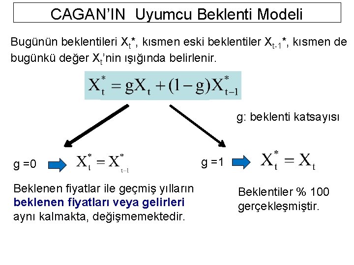 CAGAN’IN Uyumcu Beklenti Modeli Bugünün beklentileri Xt*, kısmen eski beklentiler Xt-1*, kısmen de bugünkü