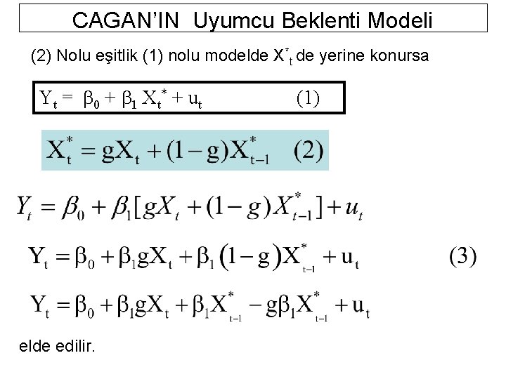 CAGAN’IN Uyumcu Beklenti Modeli (2) Nolu eşitlik (1) nolu modelde X*t de yerine konursa