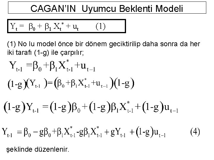 CAGAN’IN Uyumcu Beklenti Modeli Yt = 0 + 1 Xt * + u t