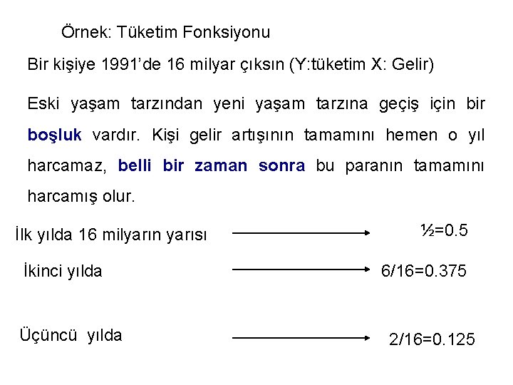 Örnek: Tüketim Fonksiyonu Bir kişiye 1991’de 16 milyar çıksın (Y: tüketim X: Gelir) Eski