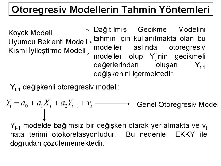 Otoregresiv Modellerin Tahmin Yöntemleri Dağıtılmış Gecikme Modelini Koyck Modeli Uyumcu Beklenti Modeli tahmin için