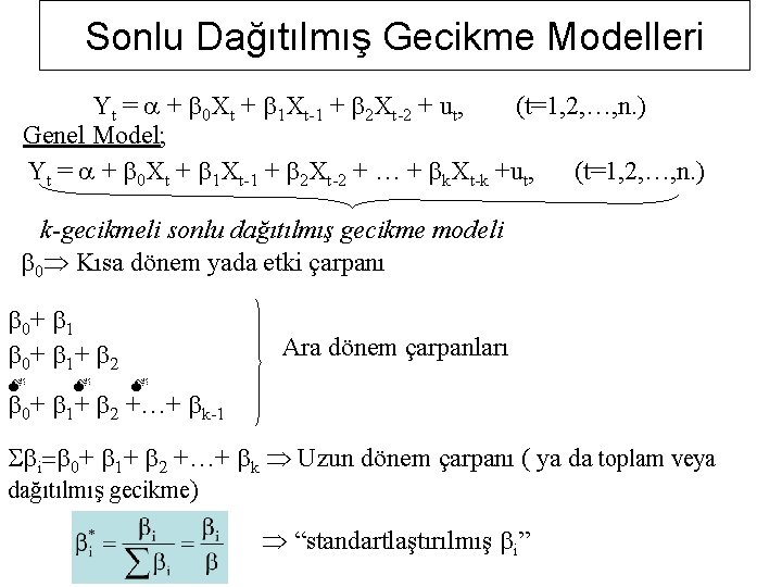 Sonlu Dağıtılmış Gecikme Modelleri Yt = a + 0 Xt + 1 Xt-1 +